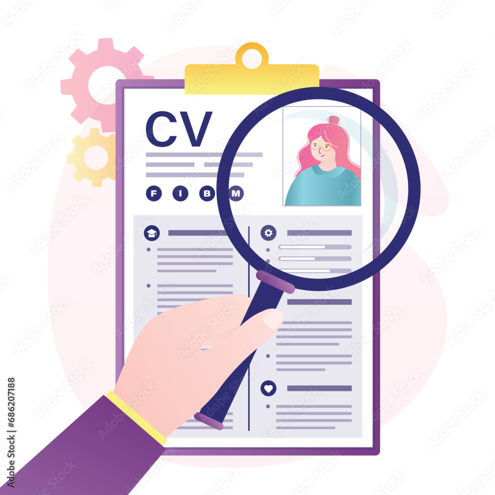 Paper resume lie on workplace table. HR agent or boss hand uses magnifying glass to select new employee. Recruitment, we are hiring. CV, curriculum vitae, Paper resume lie on workplace table. HR agent or boss hand uses magnifying glass to select new employee. Recruitment, we are hiring. CV, curriculum vitae,