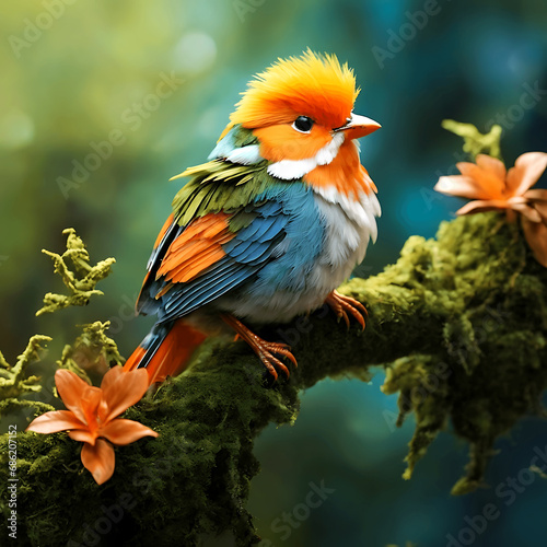 A colorful bird sits on a branch in the forest ai generated