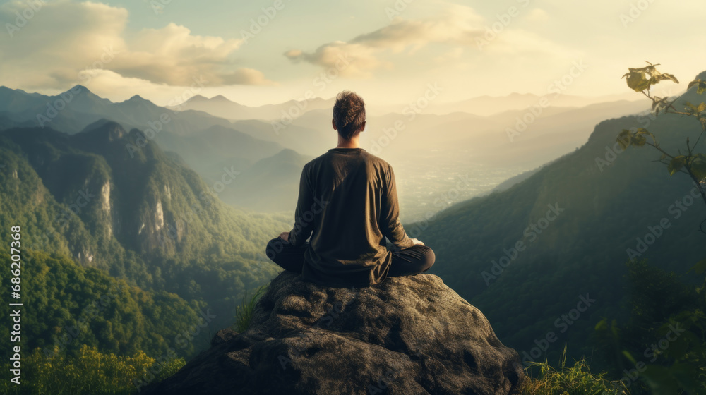 Meditation, landscape and man sitting on mountain top for mindfulness and relax spirituality. Peaceful, stress free and focus in nature with view, for mental health, zen and meditating lotus practise