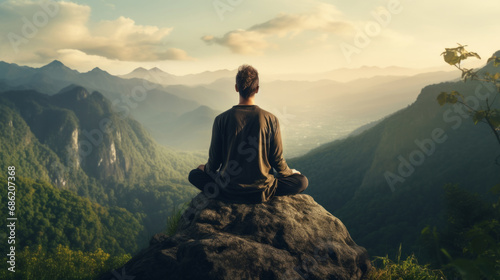 Meditation, landscape and man sitting on mountain top for mindfulness and relax spirituality. Peaceful, stress free and focus in nature with view, for mental health, zen and meditating lotus practise © MalamboBot/Peopleimages - AI