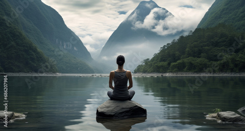 Meditation, landscape and woman sitting on a rock at a lake for mindfulness and relax spirituality. Peaceful, stress free and focus in nature with view for mental health, zen and meditating practise