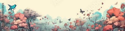 Drawing pattern wallpaper of a forest landscape with birds, butterflies and trees. Ai generative