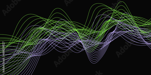 Abstract Black background with a glowing abstract waves. Abstract wave element for design. Digital frequency track equalizer, Futuristic background design. Long exposure, Light painting photography.