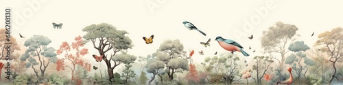 Drawing pattern wallpaper of a forest landscape with birds, butterflies and trees. Panoramic background with trees and birds. Horizontal banner.  Ai generative © mariof