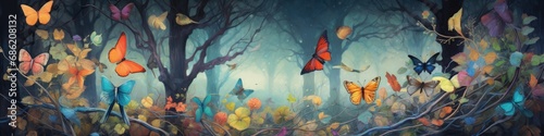 Autumn forest panoramic bannerDrawing pattern wallpaper of a forest landscape with birds, butterflies and trees. Ai generative