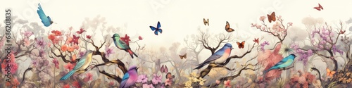 Beautiful spring landscape. Drawing pattern wallpaper of a forest landscape with birds, butterflies and trees. Ai generative © mariof