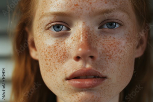 Young, female and beauty portrait of a woman or youth for skincare, health and cosmetics. Beautiful, confident and attractive person with freckles for dermatology, skin routine and hygiene in studio © MalamboBot/Peopleimages - AI