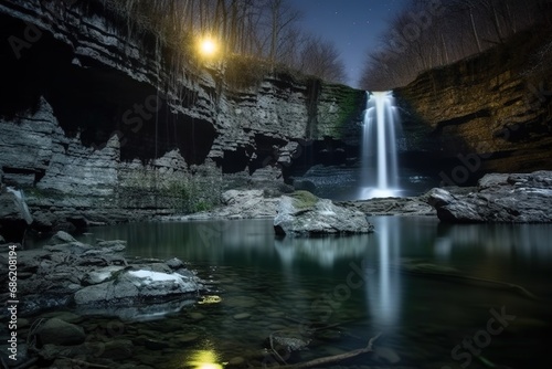 Beautiful waterfall nature scenery of colorful at a night deep forest