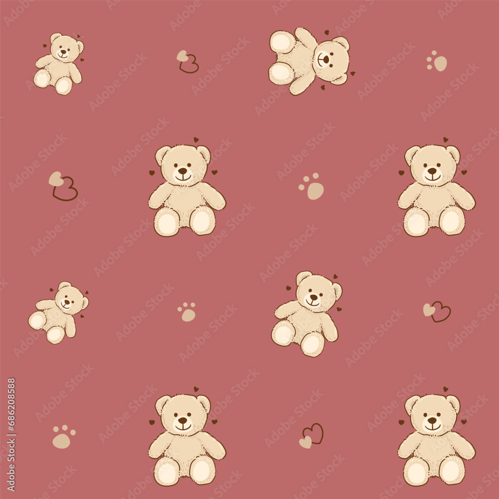 Teddy Bear pattern cartoon style with pastel background color, adorable, cute, and funny