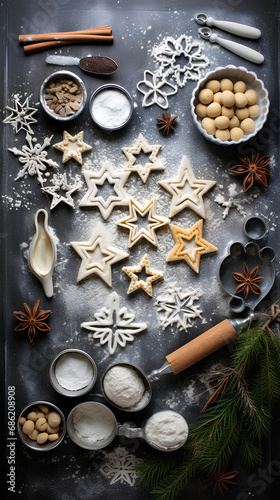 Homemade sweet cookies in the shape of stars and trees. Merry Christmas and Happy New Year. © Moon Project