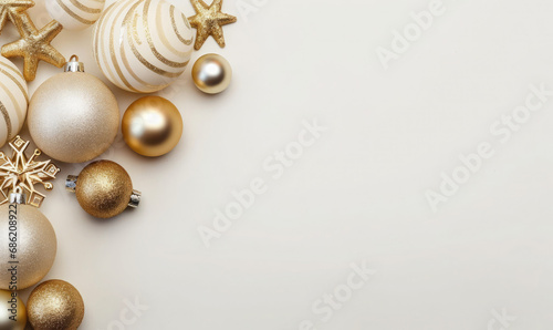 Christmas gold and white decorations flat lay background with copy space. Festive winter season ornaments. 