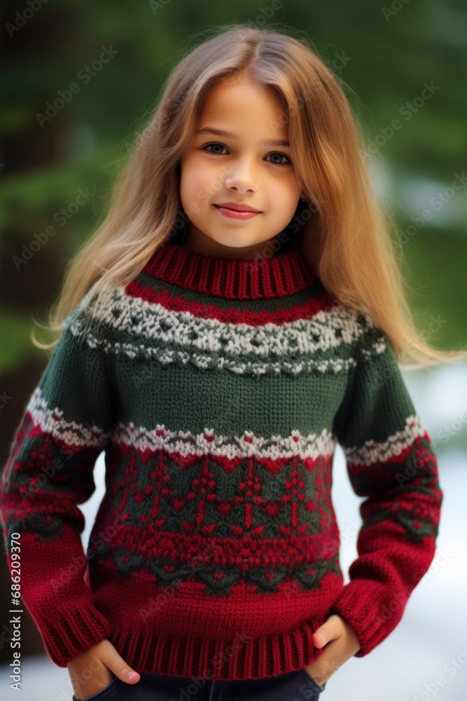 Charming young girl posing outdoors in a festive red and green winter sweater, with snowy background Charming young girl posing outdoors in a festive red and green winter sweater, with snowy background
