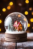 Winter-themed snow globe featuring a quaint house with a red roof, enveloped in a delightful holiday scene
