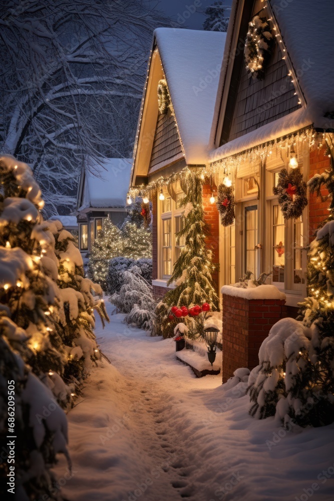 Fototapeta premium Quaint cottage decorated with christmas lights and wreaths, nestled in a snowy winter landscape