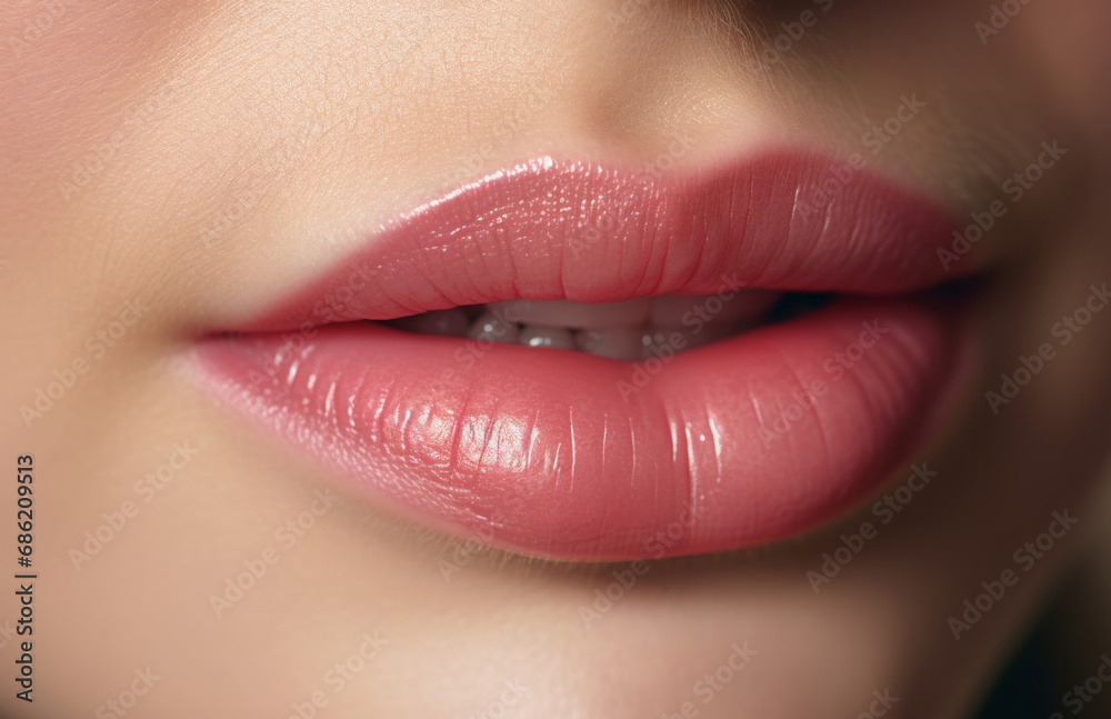 Fototapeta premium Woman, lips and cosmetics closeup of a female mouth for beauty, plastic surgery and treatment. Full, beautiful and texture of natural model with filler for makeup, nude lipstick shade and cosmetology