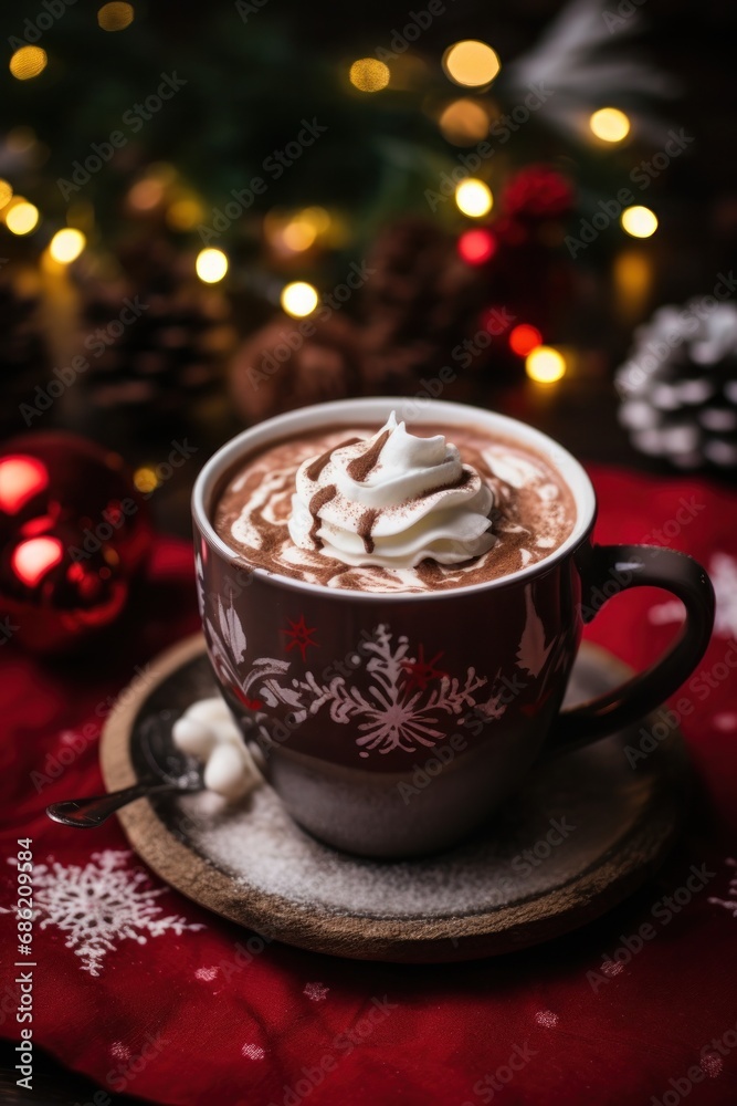 Festive hot cocoa mug with cream on top, surrounded by christmas decor Festive hot cocoa mug with cream on top, surrounded by christmas decor