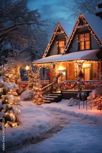 Delightful home lit with soft glow of christmas lights among snowy trees during a serene night