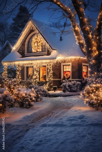 A picturesque snow-covered brick house radiates holiday spirit with twinkling christmas lights