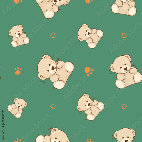 Teddy Bear pattern cartoon style with pastel background color, adorable, cute, and funny