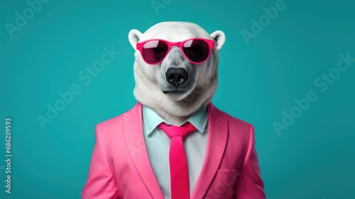 Polar bear pink suit fashion.Business concept.Fun animal character. photo