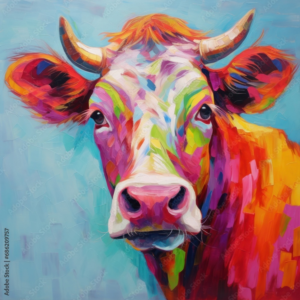 Contemporary art piece depicting a multicolor cow on a soft blue textured backdrop