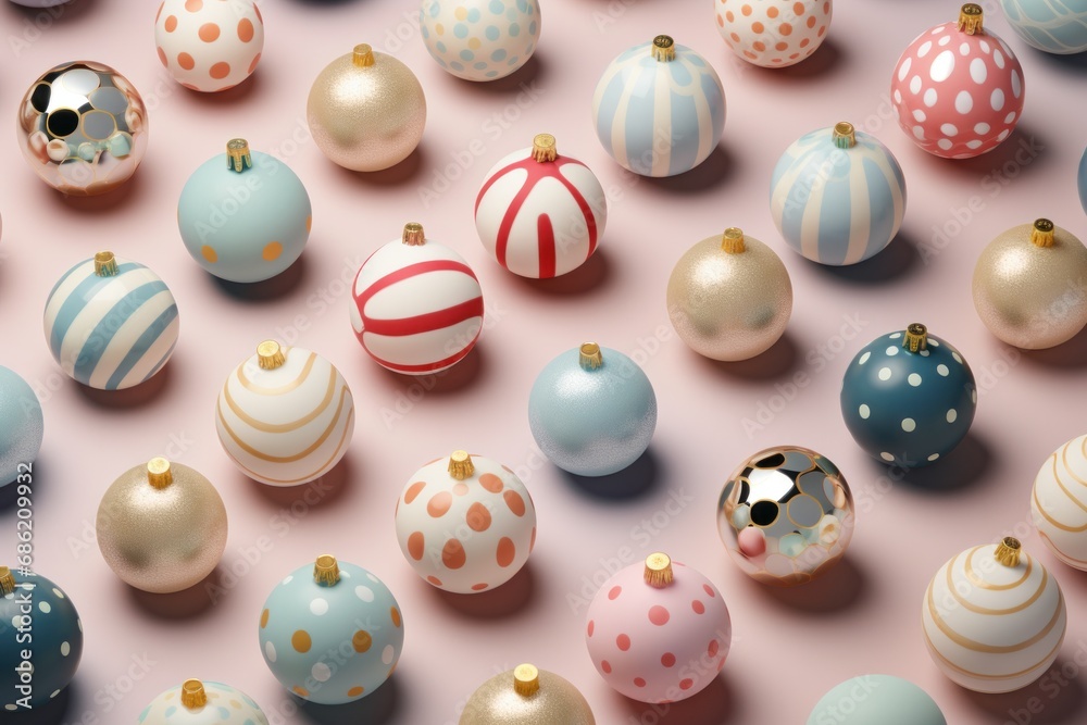An attractive assortment of patterned and textured christmas baubles on a gentle pink backdrop