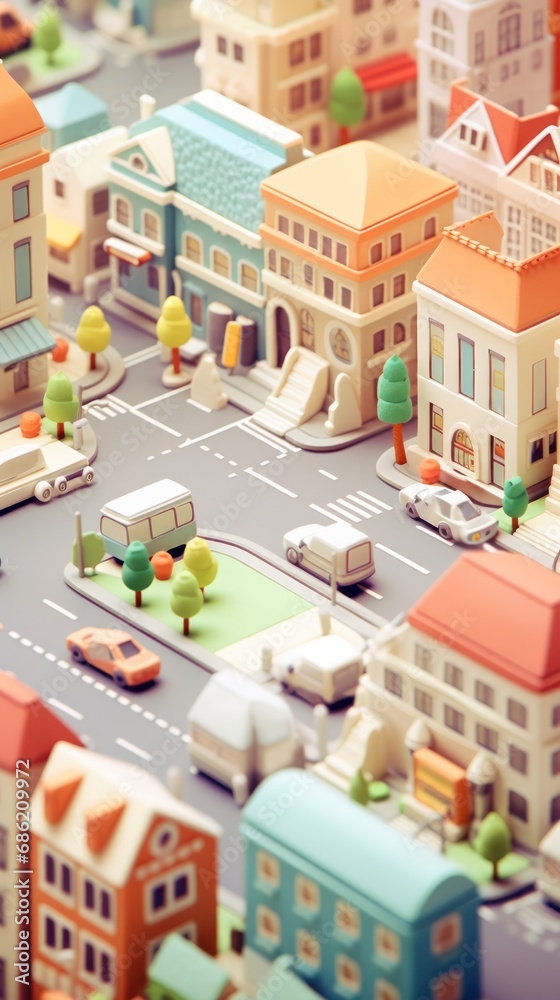 A charming miniature urban landscape with stylized colorful buildings and vehicles in a playful composition