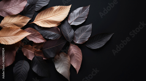 Beautiful leaves on black background, flat lay. Space for text