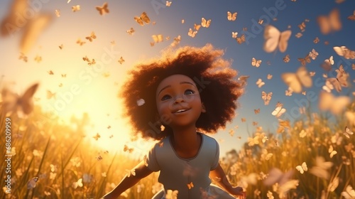 African american little girl playing with flying butterflies in field at sunset