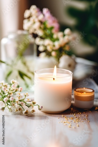 A single scented candle burning with a halo of small white flowers on a wooden table