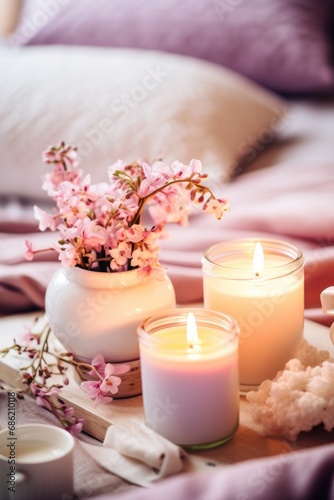 Tranquil home setting with lit candles and fresh pink flowers on a wooden tray