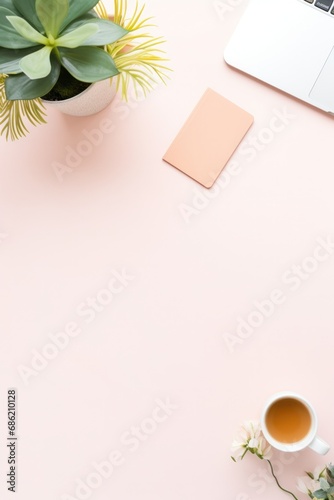 A top-down view of a modern minimalist home office setup with a laptop, notebook, and plant on a pink background