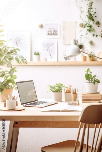 Bright and airy home office space with laptop on wooden table surrounded by lush plants