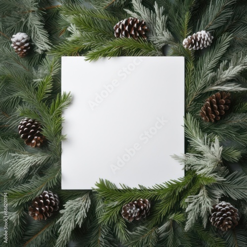 Square frame created by natural frosted pine branches and cones with a central blank white space photo
