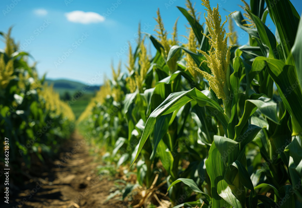 Cornfield, farm and green pasture in nature with background, mockup space and sunshine. Agriculture, outdoor and summer in countryside, farm and growth with sustainability, development and landscape Cornfield, farm and green pasture in nature with background, mockup space and sunshine. Agriculture, outdoor and summer in countryside, farm and growth with sustainability, development and landscape