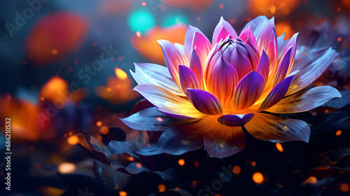 close up pink lotus flower on the water in the dark glowing bokeh, A neon dahlia glowing softly against dark foliage Generative AI photo