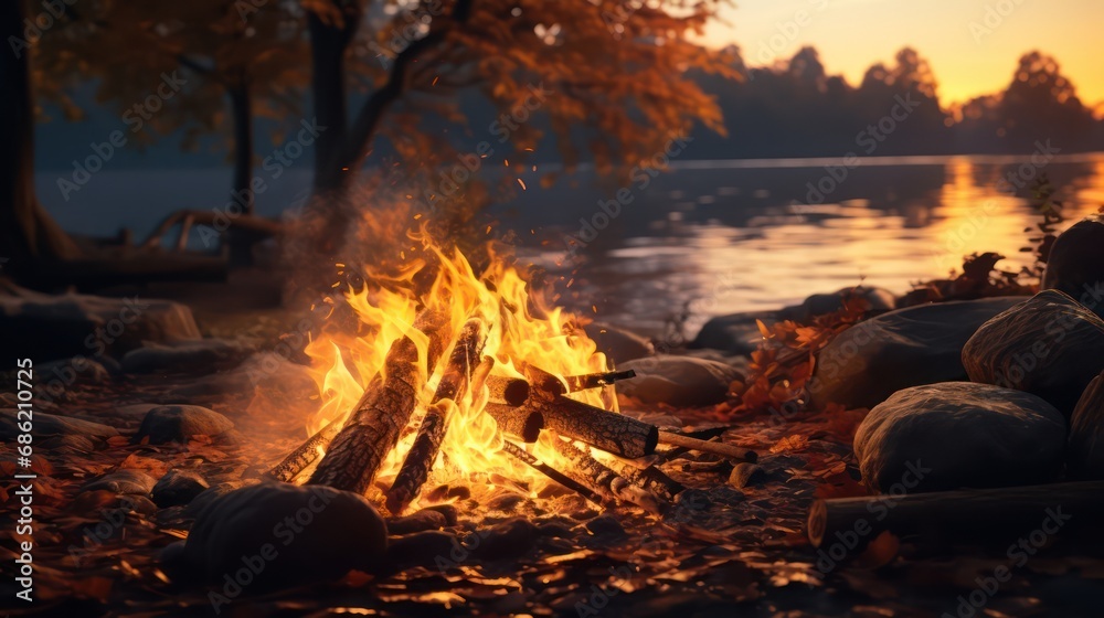 Bright bonfire in the forest on the lake shore. Generative AI Bright bonfire in the forest on the lake shore. Generative AI