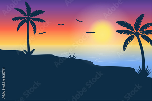 Tropical summer beach background with sunset