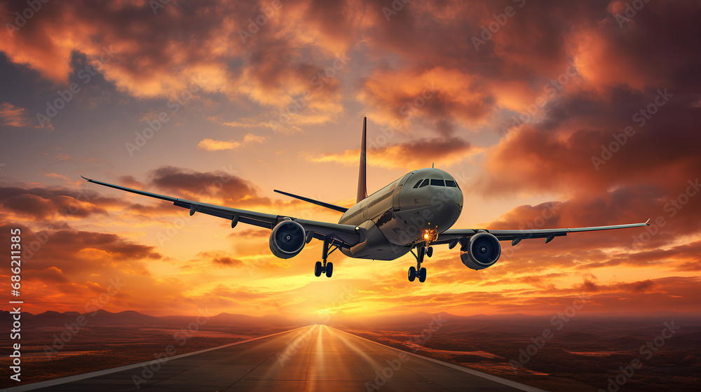 Large airplane about to fly into the sky. Background with beautiful sky at sunrise.  