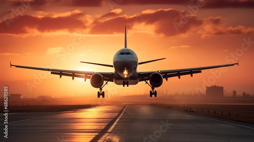 Large airplane about to fly into the sky. Background with beautiful sky at sunrise. 