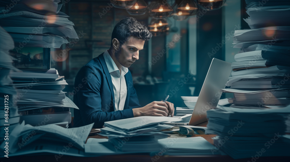 Man working in office using a laptop with a lot of paper work arround Man working in office using a laptop with a lot of paper work arround