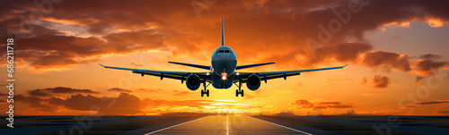 Large airplane about to fly into the sky. Background with beautiful sky at sunrise.  