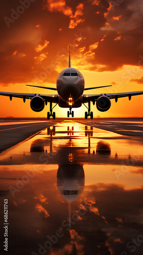 Large airplane about to fly into the sky. Background with beautiful sky at sunrise. 