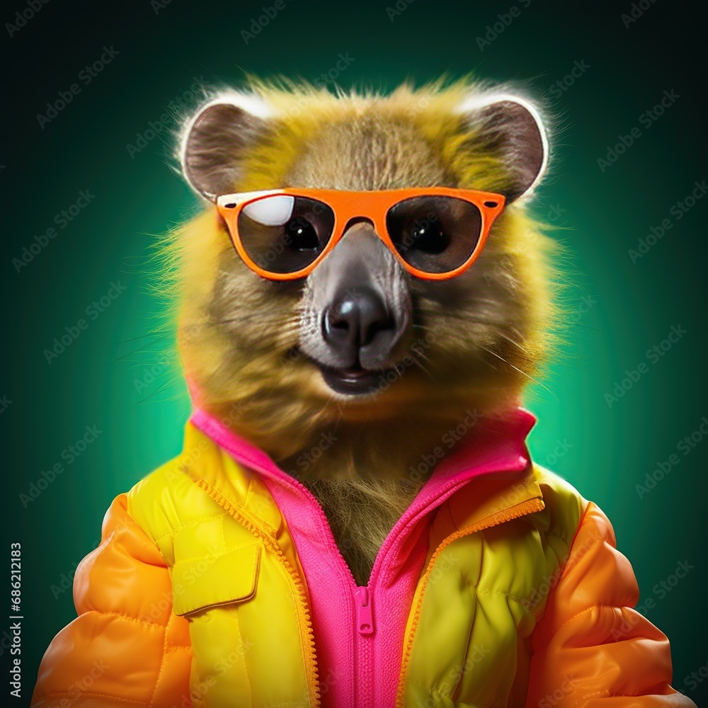 Realistic lifelike quokka in fluorescent electric highlighters ultra-bright neon outfits, commercial, surreal surrealism