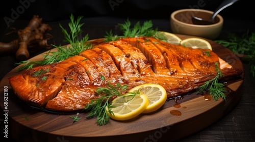 Fried piece of red salmon fish with lemon