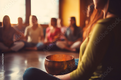 Blur group of individuals seating in the Sukhasana pose, collective practice. Selective focus on a Tibetan singing bowl held by a woman in the foreground. 