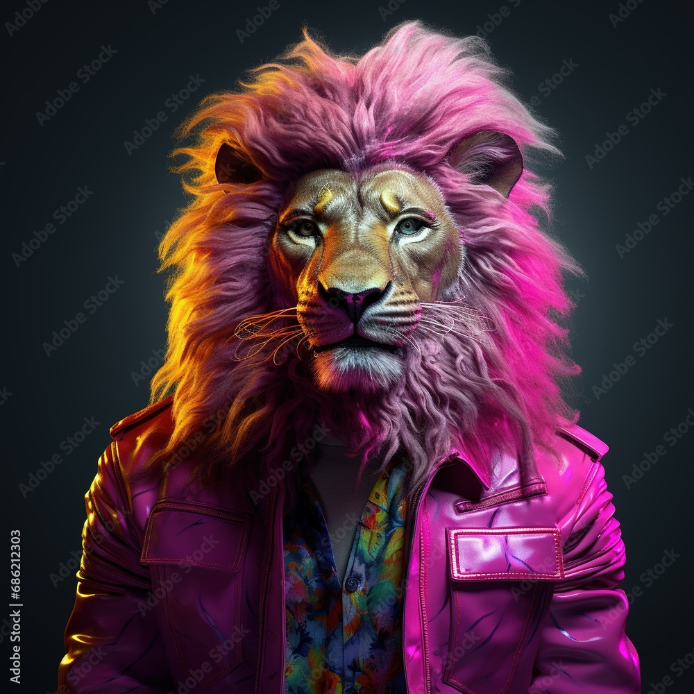 Realistic lifelike lion in fluorescent electric highlighters ultra-bright neon outfits, commercial, editorial advertisement, surreal surrealism