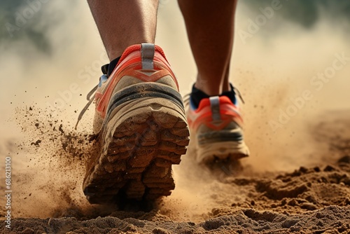 Rear view closeup sport shoe of racer in running on trail with dust. Banner sneaker fitness for track photo