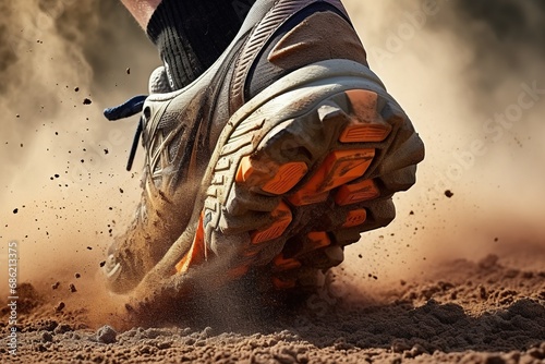 Rear view closeup sport shoe of racer in running on trail with dust. Banner sneaker fitness for track