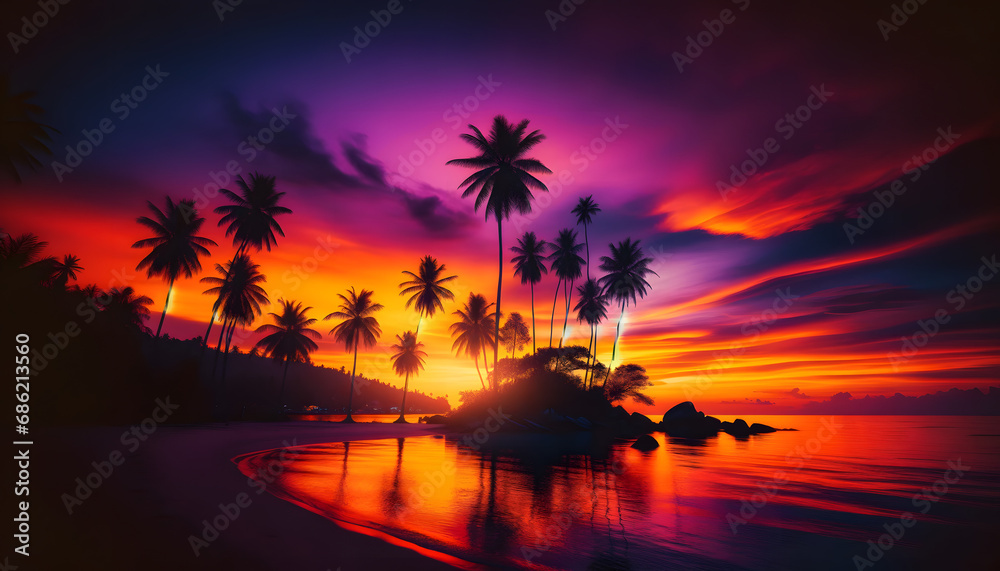 The sun sets on a tropical beach, casting a vibrant spectrum from orange to purple across the sky, with palm tree silhouettes and a sea reflecting the fiery dusk colors.